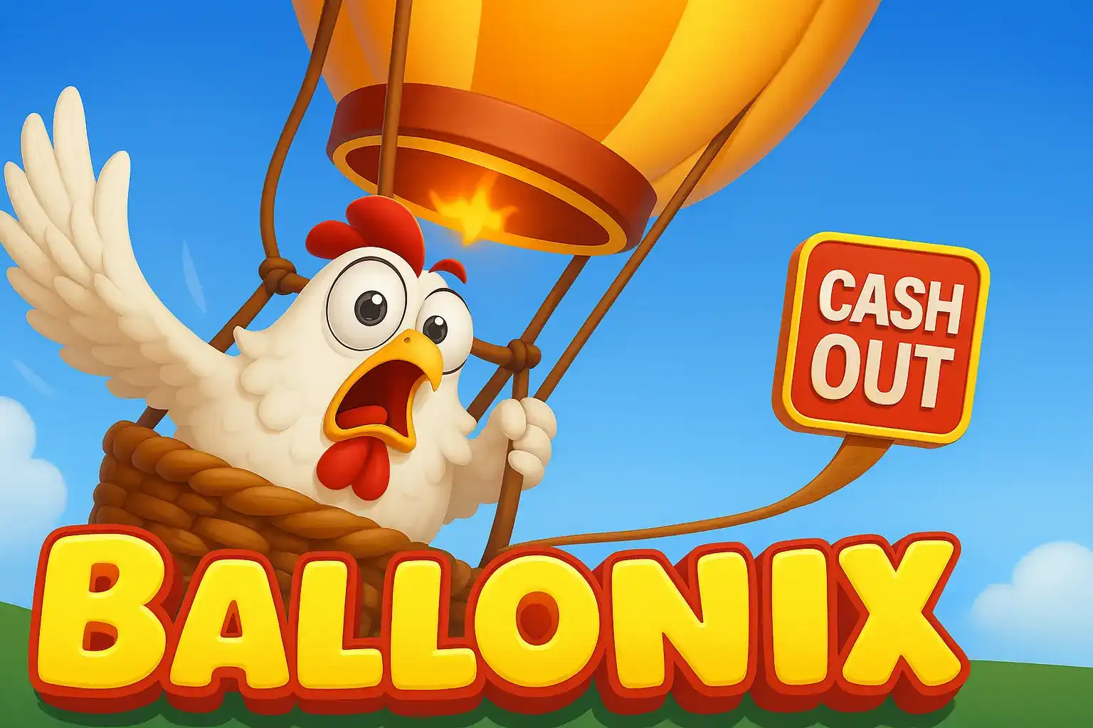Cartoon chicken panicking in a hot air balloon with fire and 'Cash Out' and 'Ballonix' text.