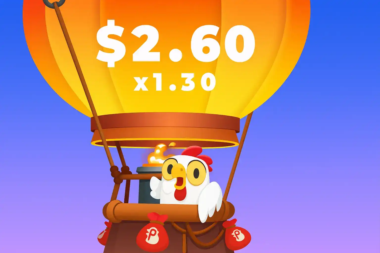 Cartoon chicken in a hot air balloon with $2.60 and 1.30x win displayed above.