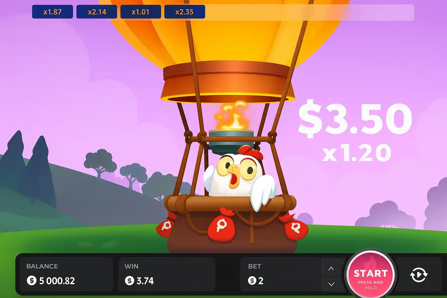 Game interface showing chicken in a hot air balloon, current win $3.50 at 1.20x multiplier, and betting details.