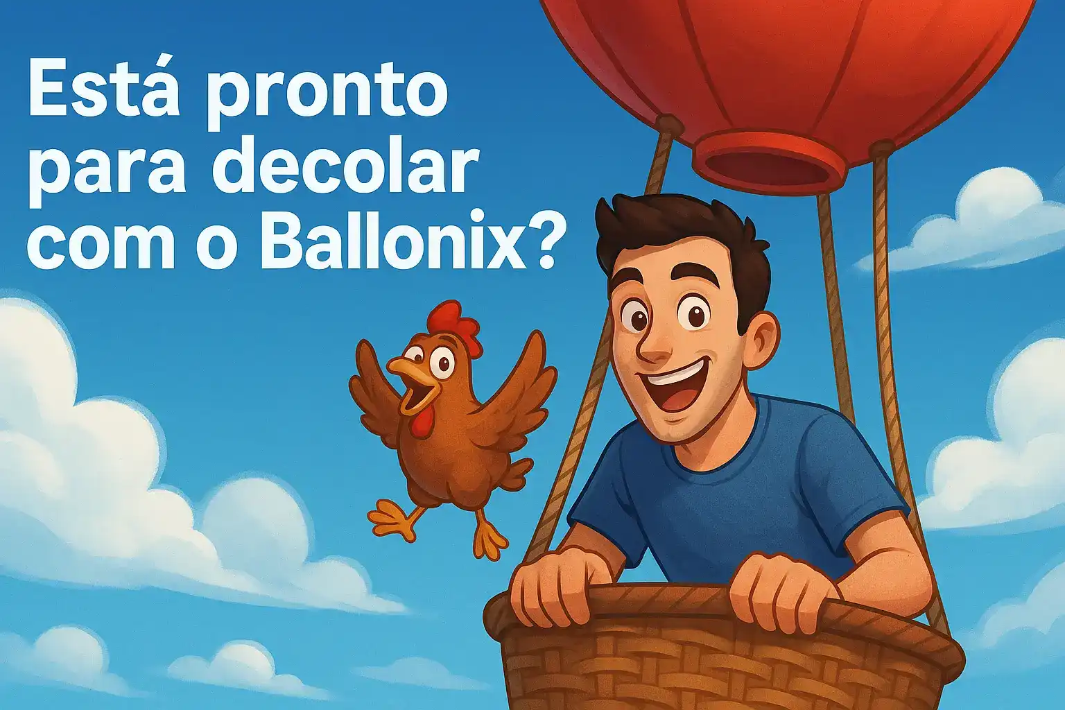 Cartoon man and chicken in hot air balloon with text 'Ready to take off with Ballonix?' in Portuguese.