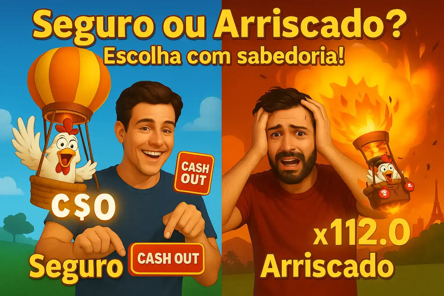 Split screen showing safe player cashing out and happy, versus risky player losing at x112.0 with cartoon explosion and chicken
