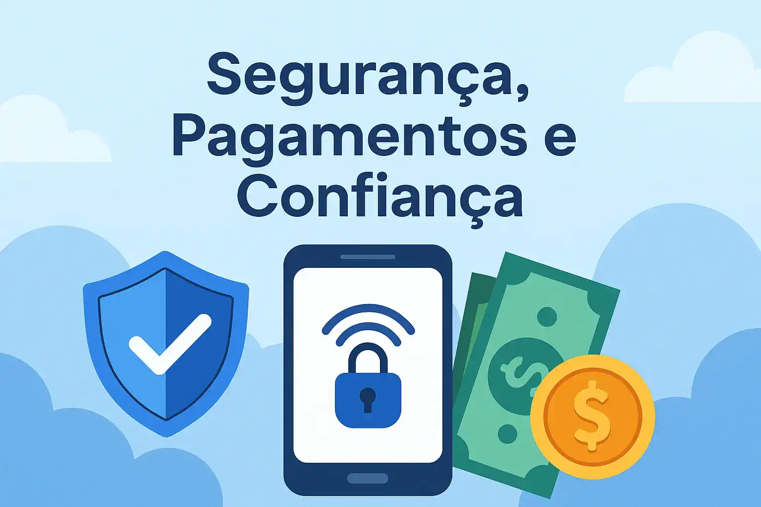 Icons of shield, phone with lock, and money with text 'Security, Payments, and Trust' in Portuguese.
